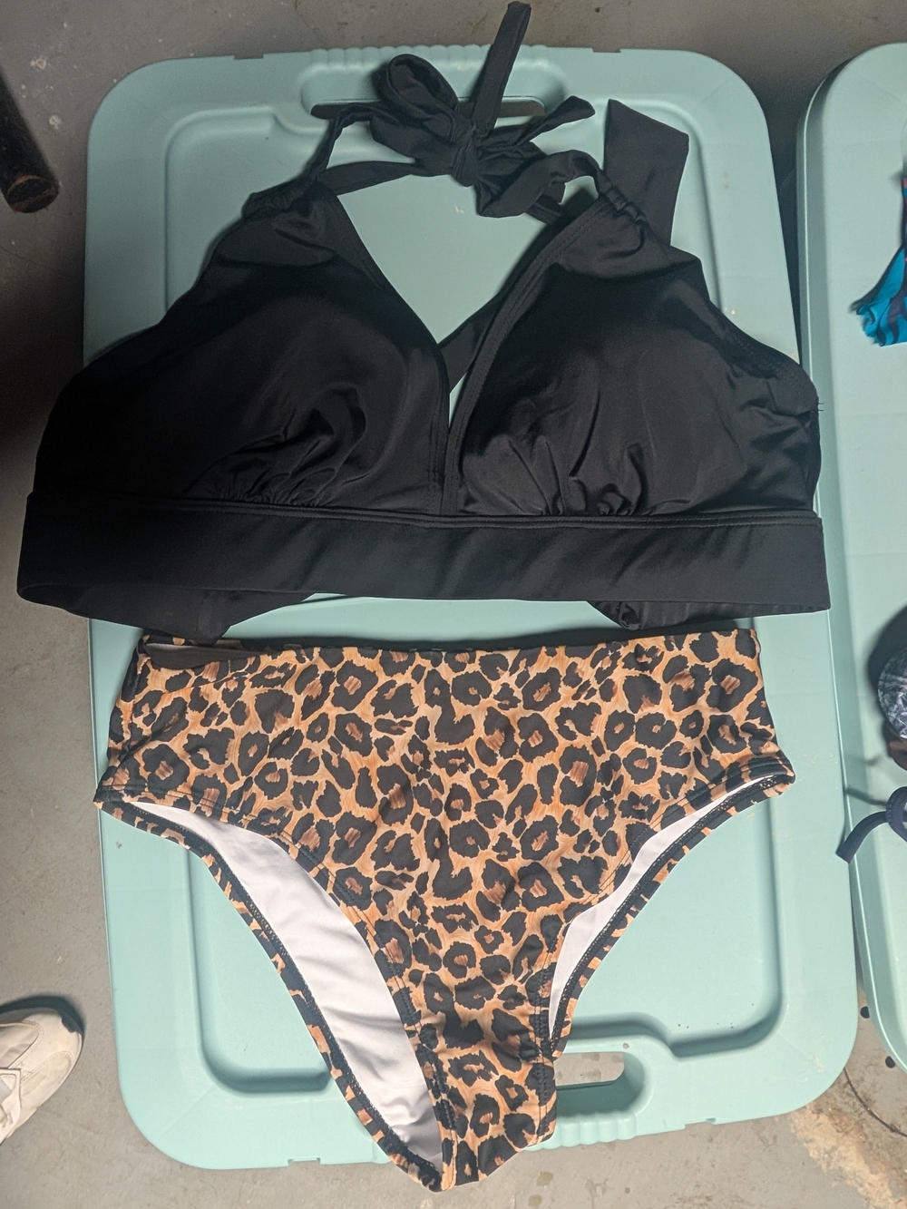 Women’s Black Halter Bikini Top with Leopard High-Waist Bottom